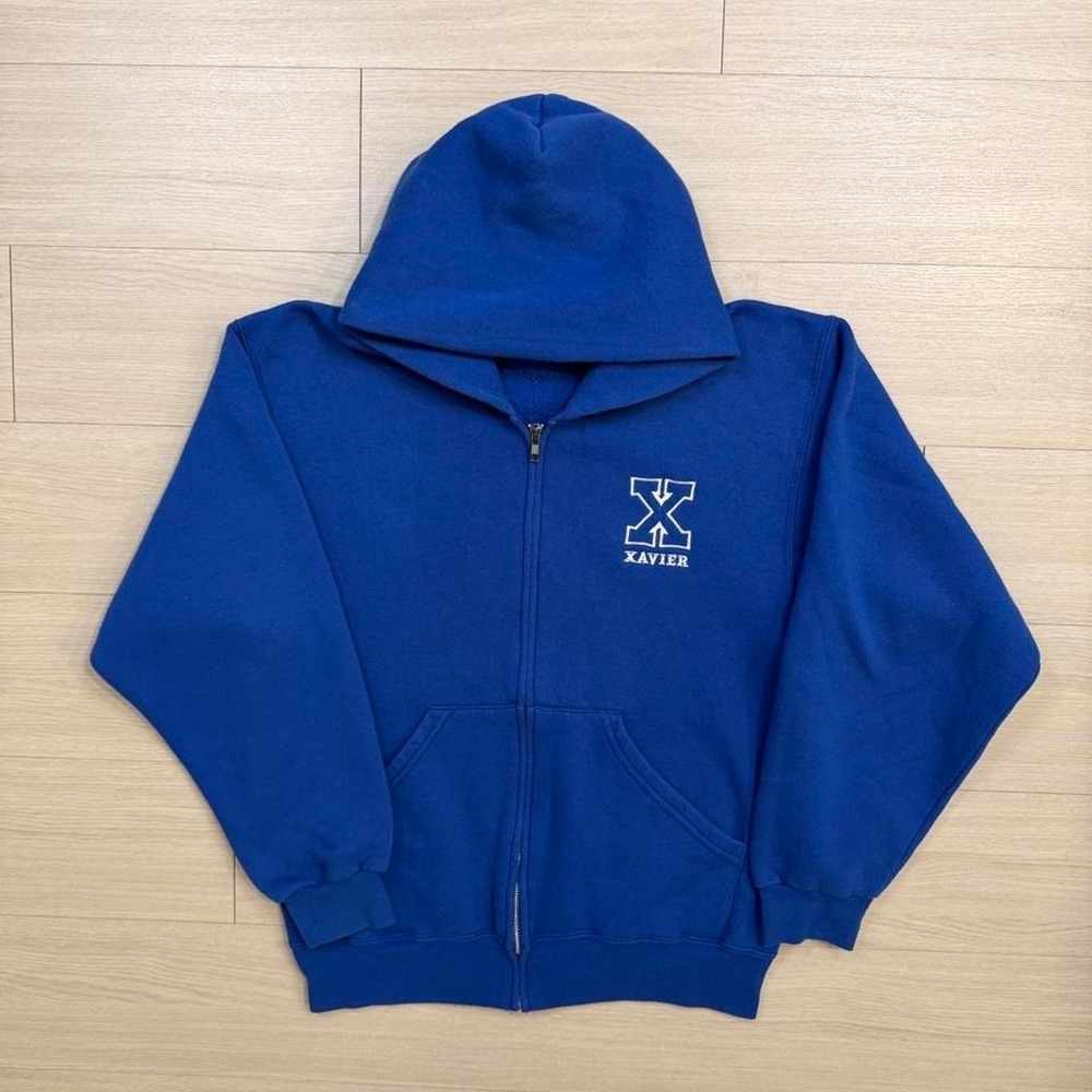 Y2K Xavier Logo Blue Full Zip Hoodie Mens Size Medium
